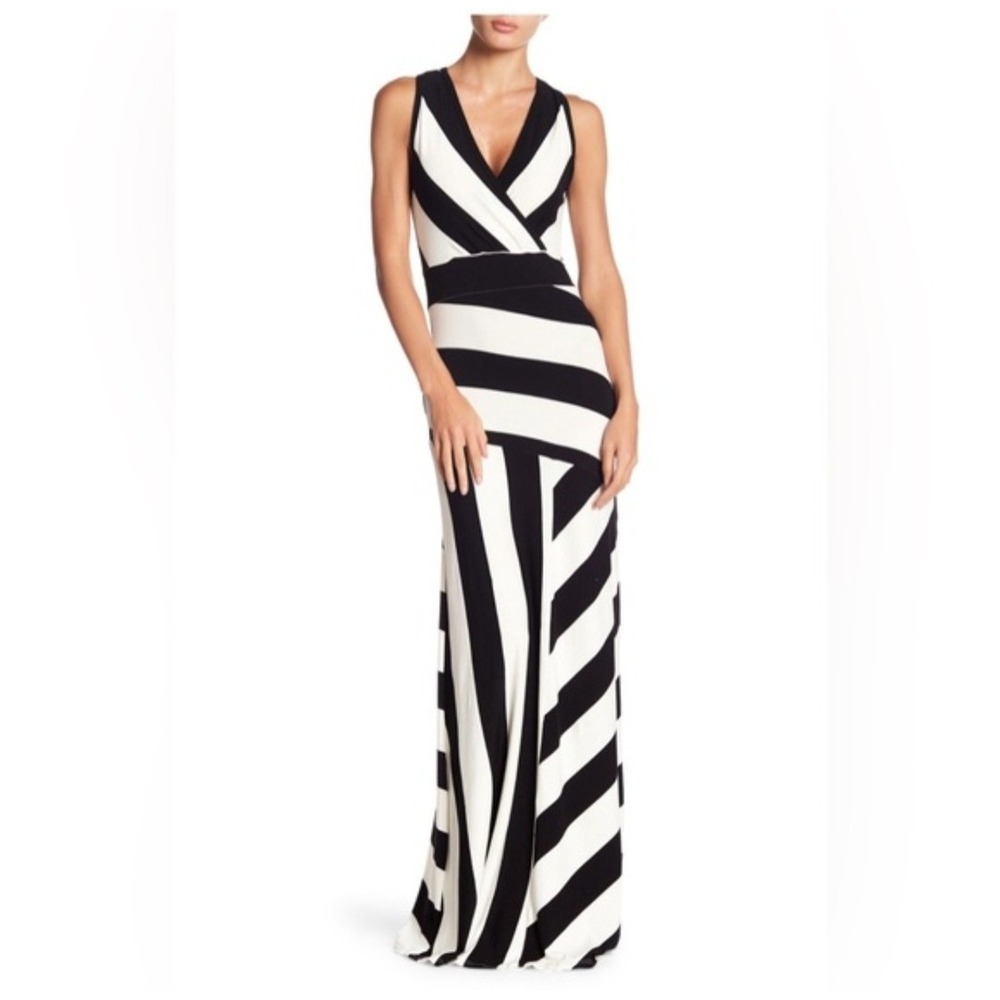 Go Couture Black White Striped Sleeveless V-Neck Maxi Dress Small Made in USA